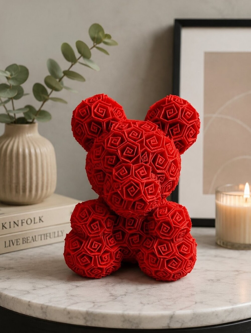 Red Decorative Rose Bear 3d Printed Figurine